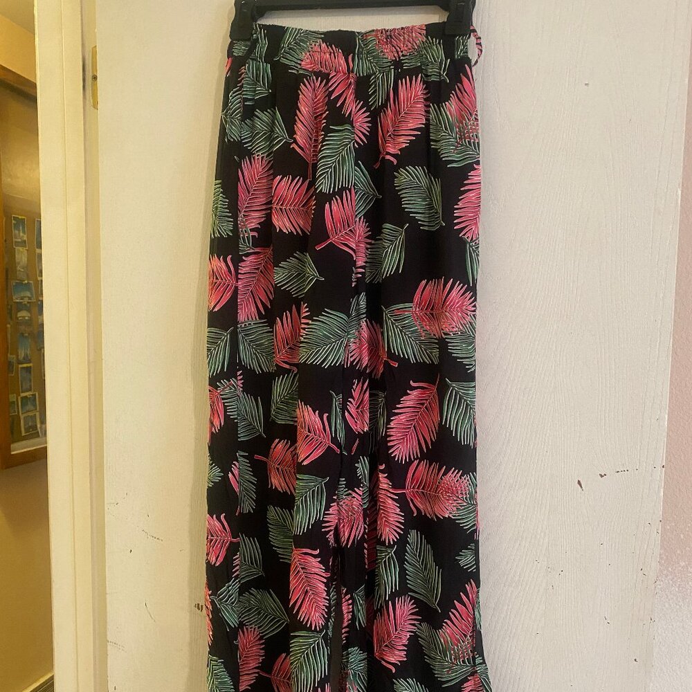 Women's Tropical Floral Print Wide Leg Pants Sze XS 2 Side Pockets Elastic Waist